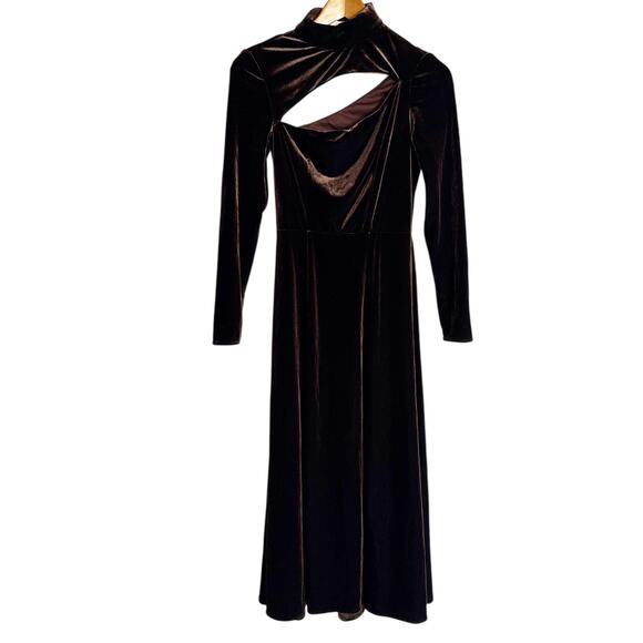 Rene Ruiz Brown Velvet Long Sleeve Cut Out Midi Cocktail Dress Size 0 - Picture 6 of 15